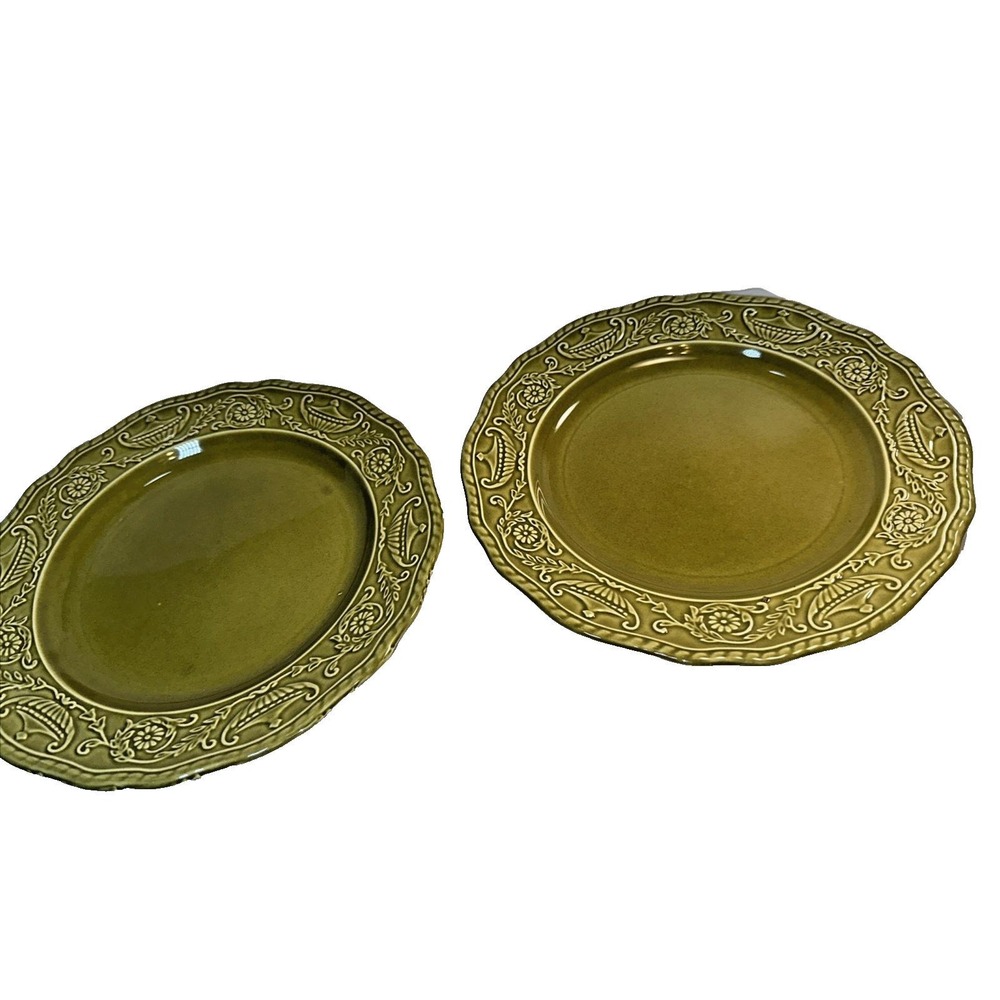 2 MCM Vtg Canonsburg Ironstone Pottery Regency Green Dinner Plates 10 inches